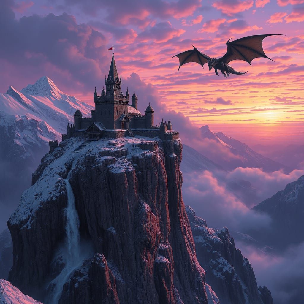 Dragon Soaring Above Fortress at Twilight