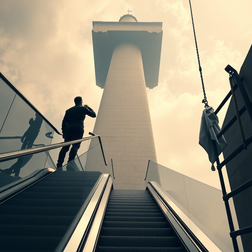 Ascending Figure on Glass Escalator Amidst Concrete Column i...