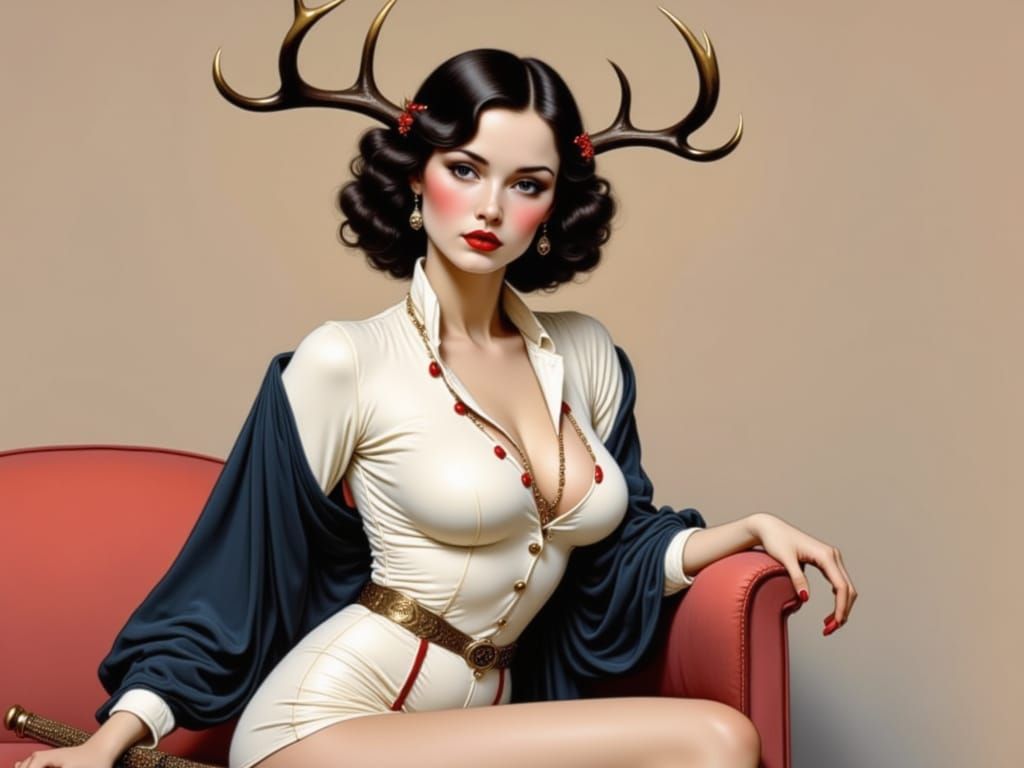Vintage Pin Up Girl with Antlers in Retro Interior