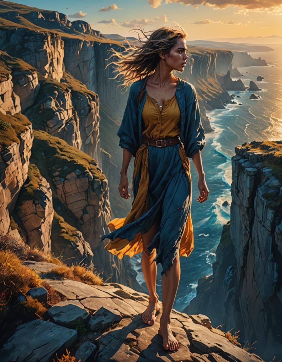 Woman on Cliff Edge in Golden Hour Light