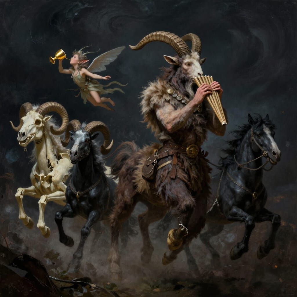 Spectral Wild Hunt with Pan in Dark Fantasy Style