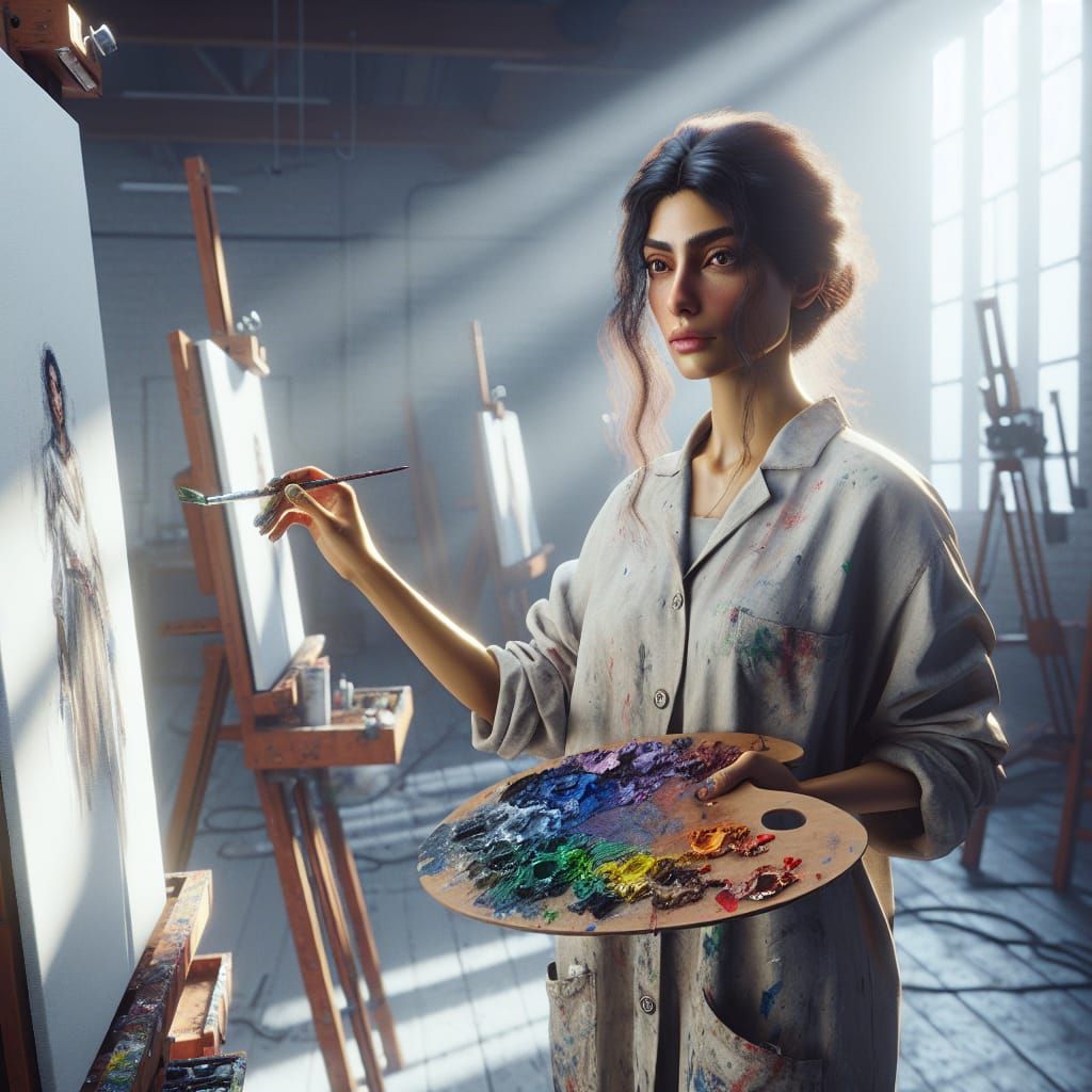 Woman Artist in Sunlit Studio Ready to Paint