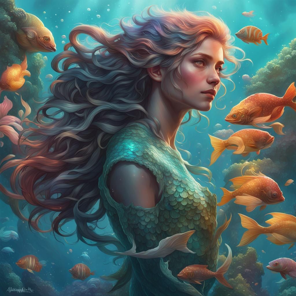 Hyperdetailed Mermaid Portrait in Art Nouveau Style