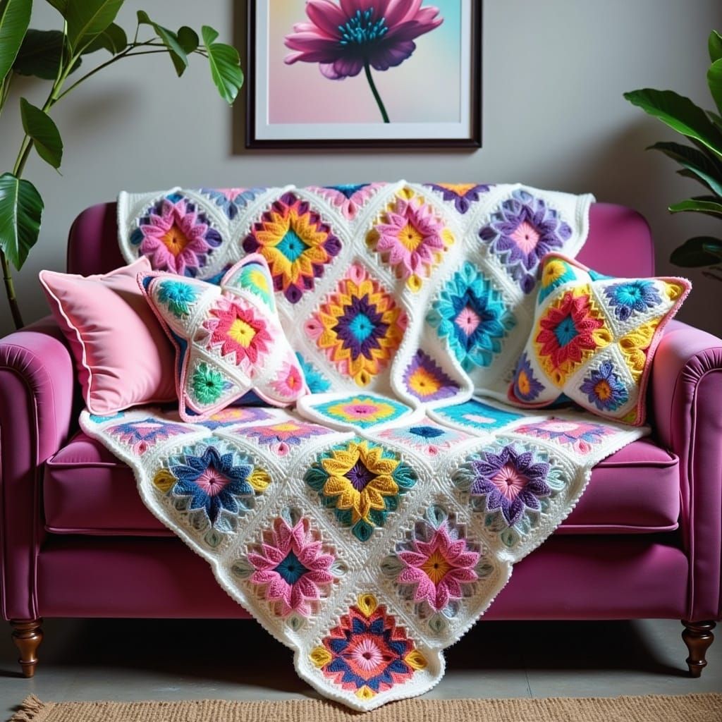 Colorful Granny Square Blanket on Mauve Velvet Couch