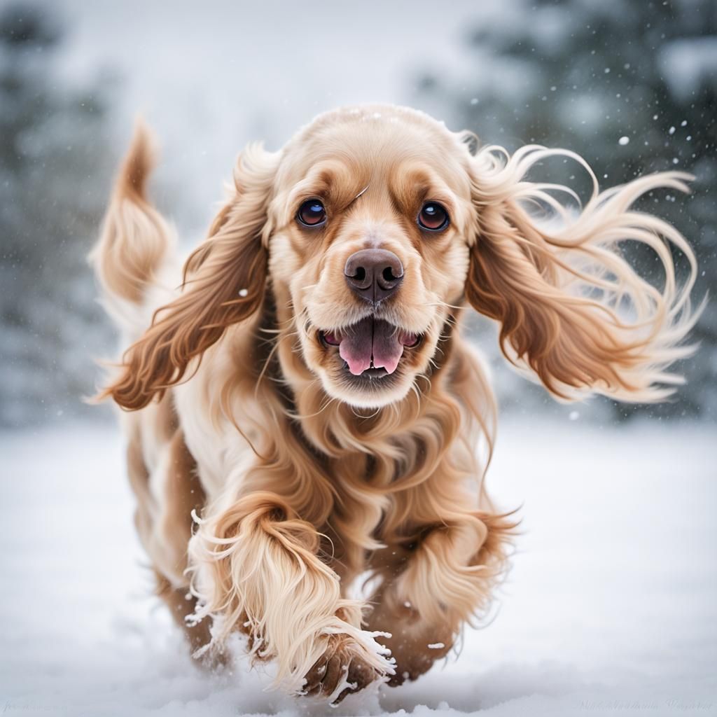 Blonde Cocker Spaniel Running in Blizzard: Gothic Impression...