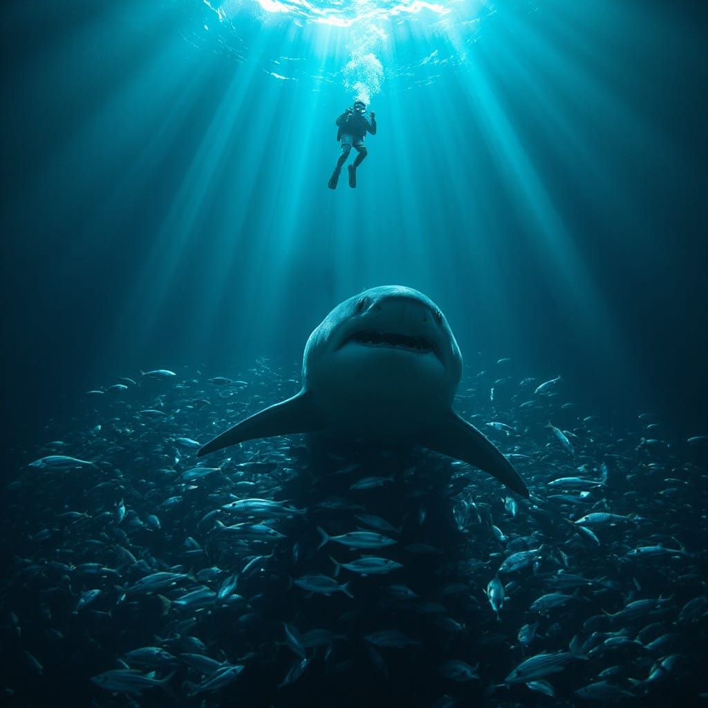 Colossal Shark Hunts Divers in Underwater Depths