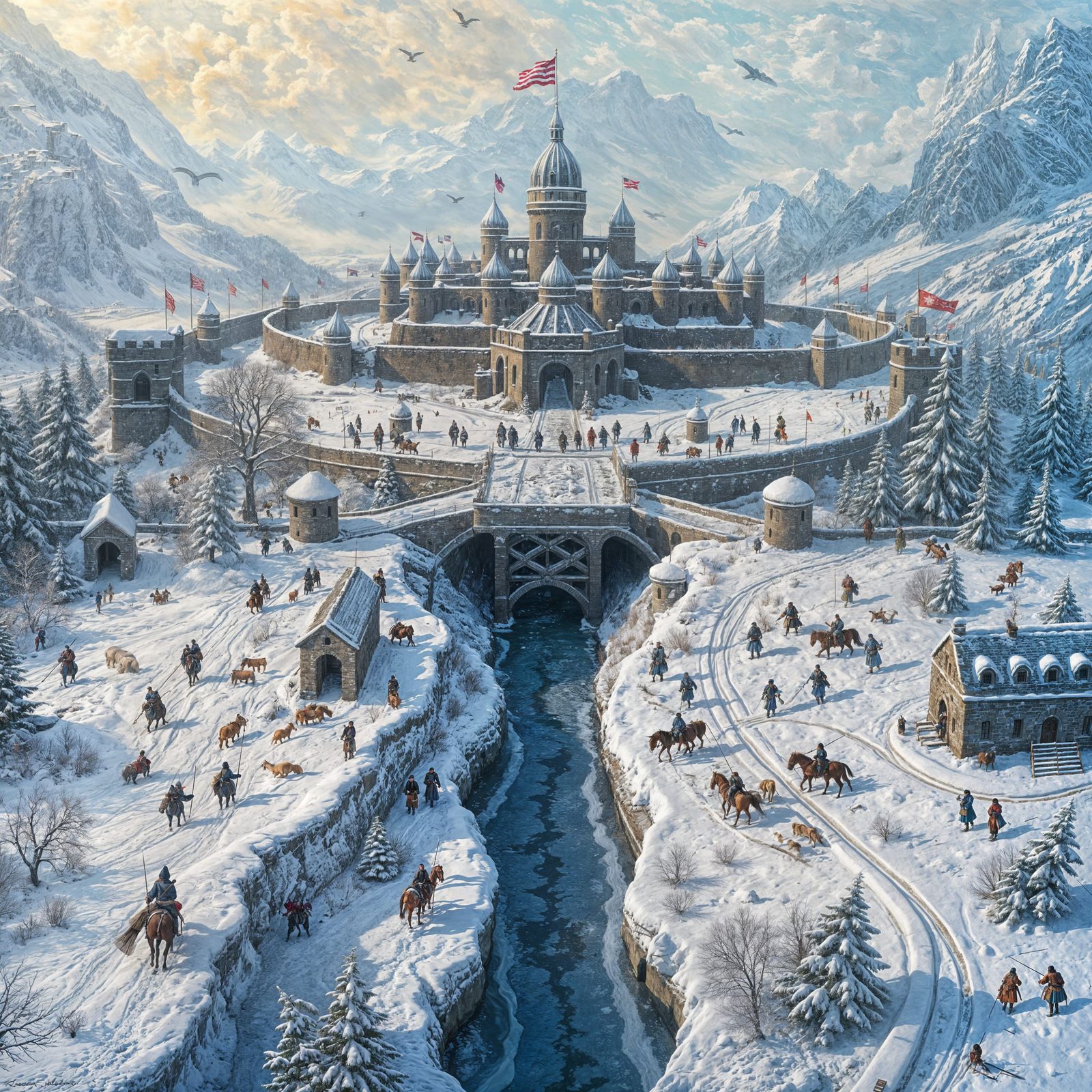 Winter Fortress in Neo-Impressionist Oil Painting