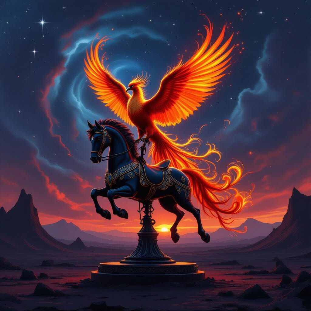 Majestic Phoenix on Obsidian Horse in Volcanic Nebula