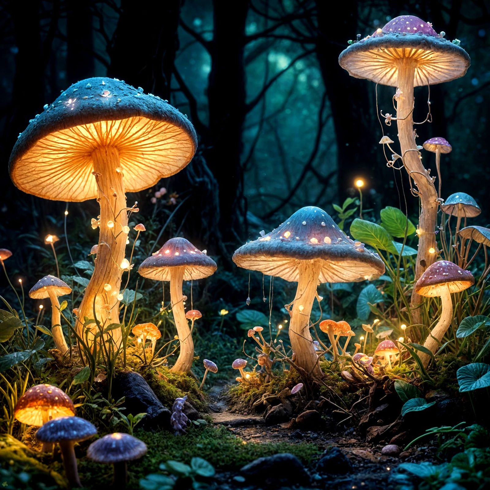Dreamlike Bioluminescent Mushroom Garden with Elves