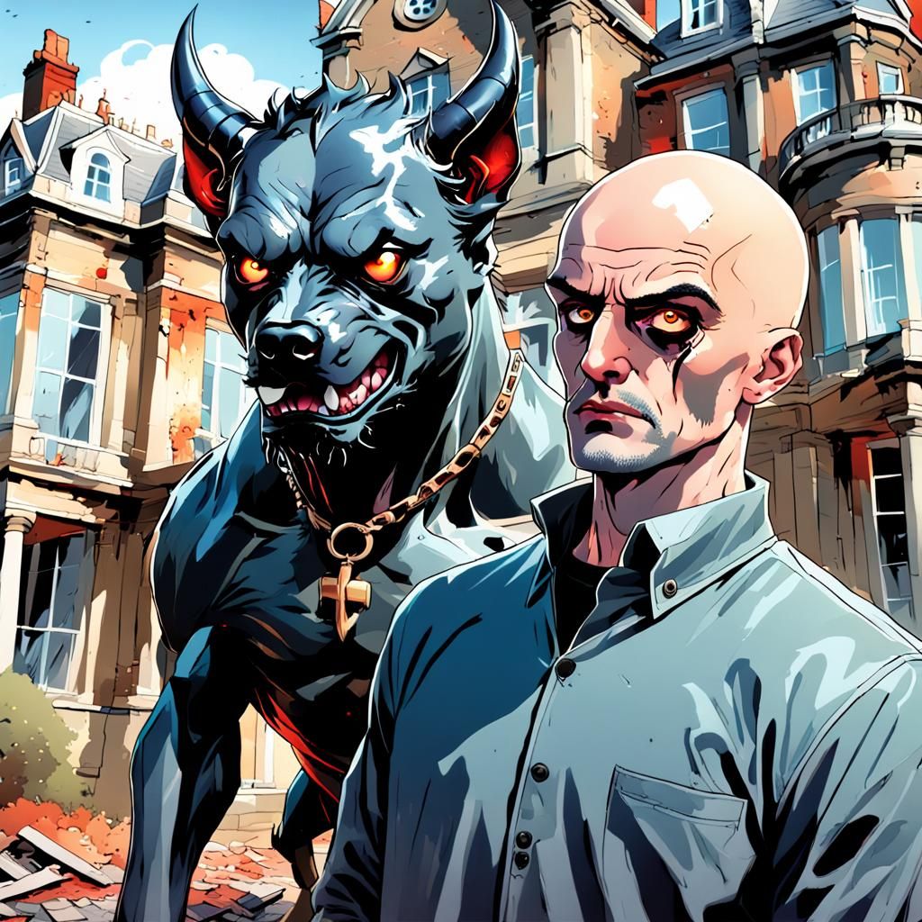 Hyperrealistic Black Dog and Man Outside Mansion