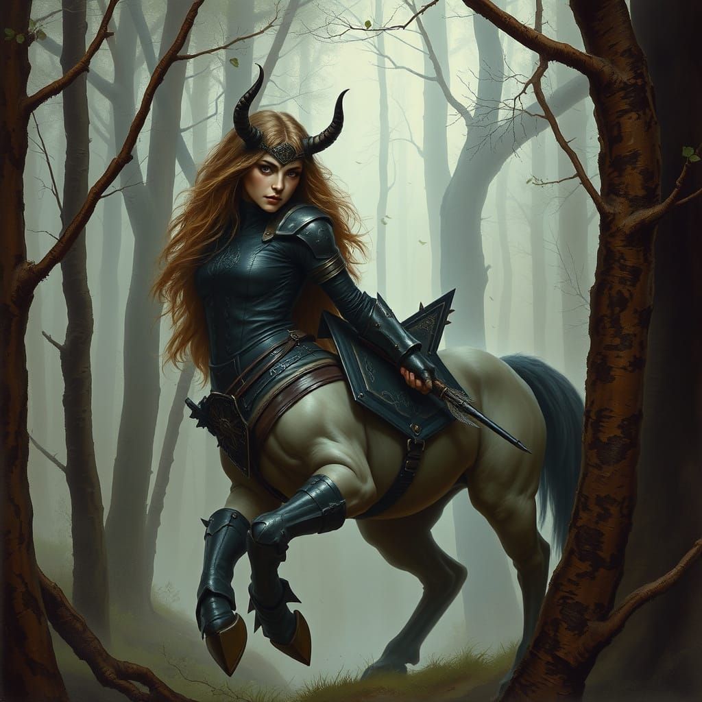 Mystical Female Centaur Sneaking Through Misty Forest