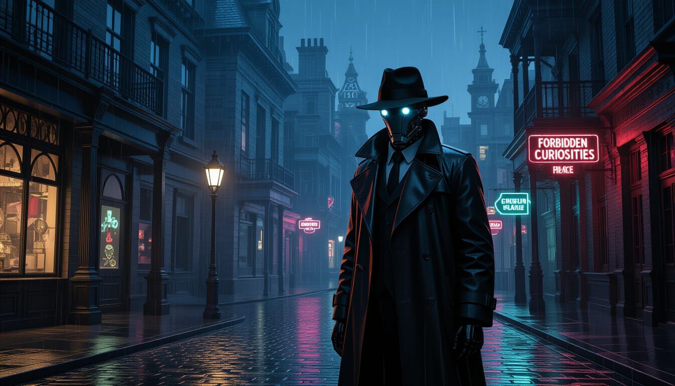 Victorian Android Detective in Grimy Film Noir Style