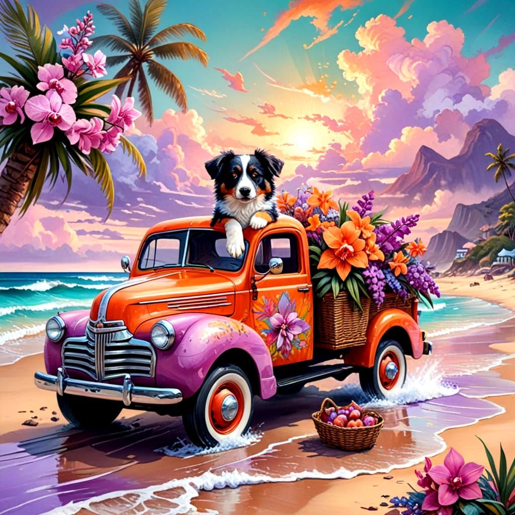 Vintage Truck with Orchids and Puppy on Tropical Beach