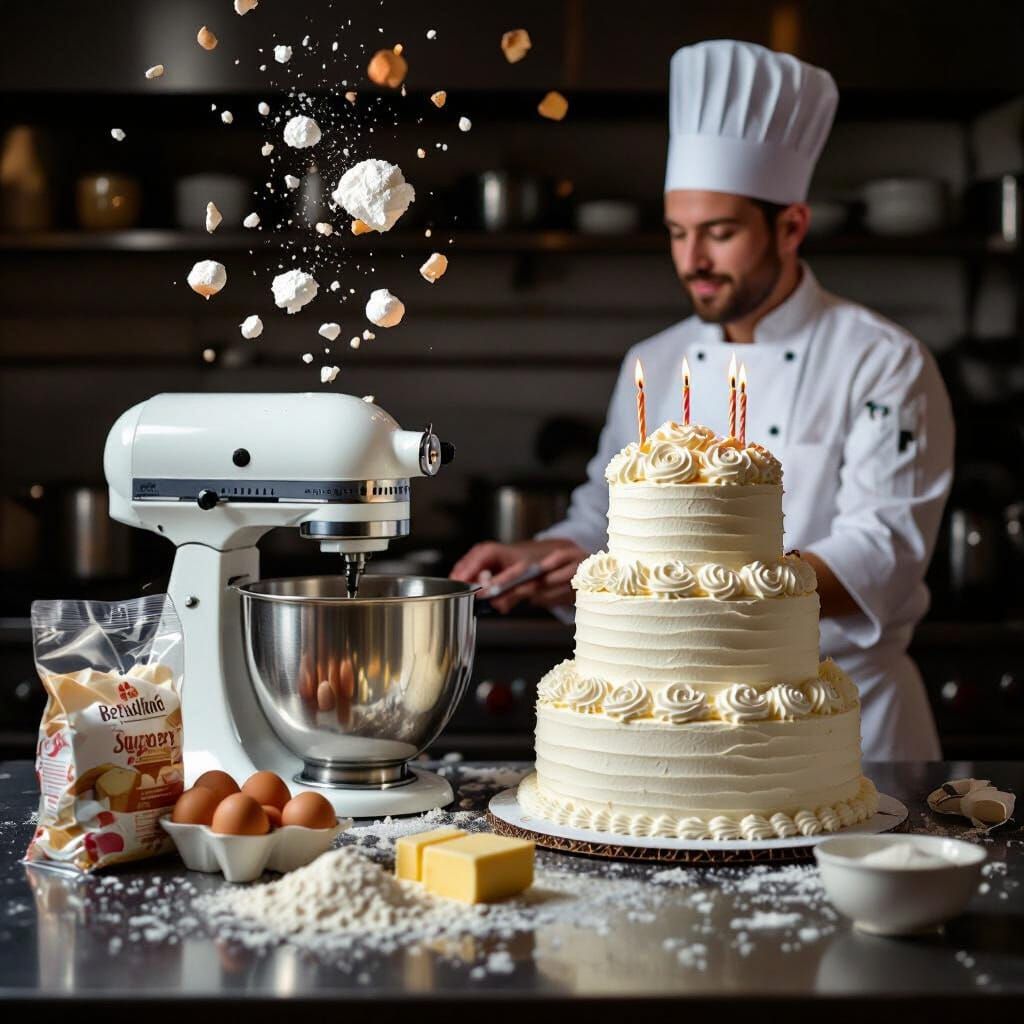 Kitchen Scene: Mixer, Cake & Chef in Whimsical Style