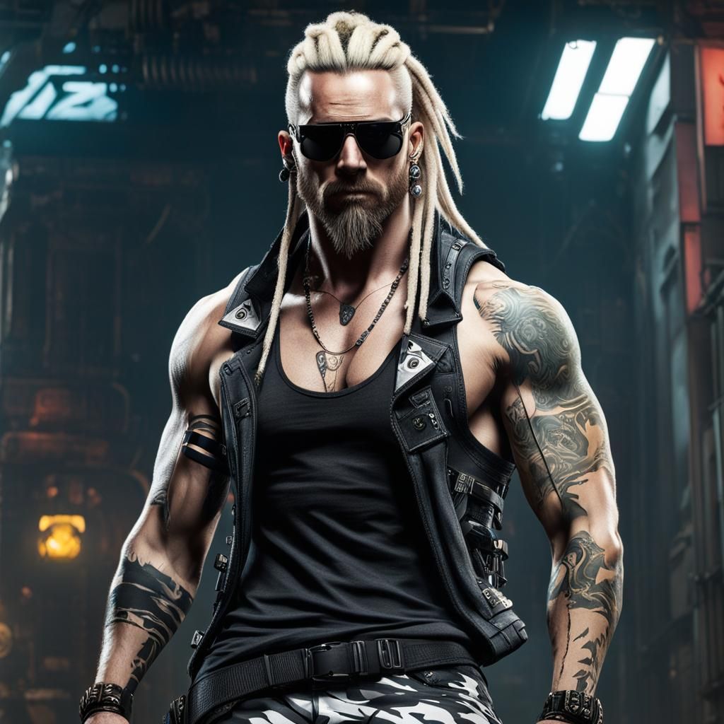 Cyberpunk Male with Tattoos and Neon Highlights