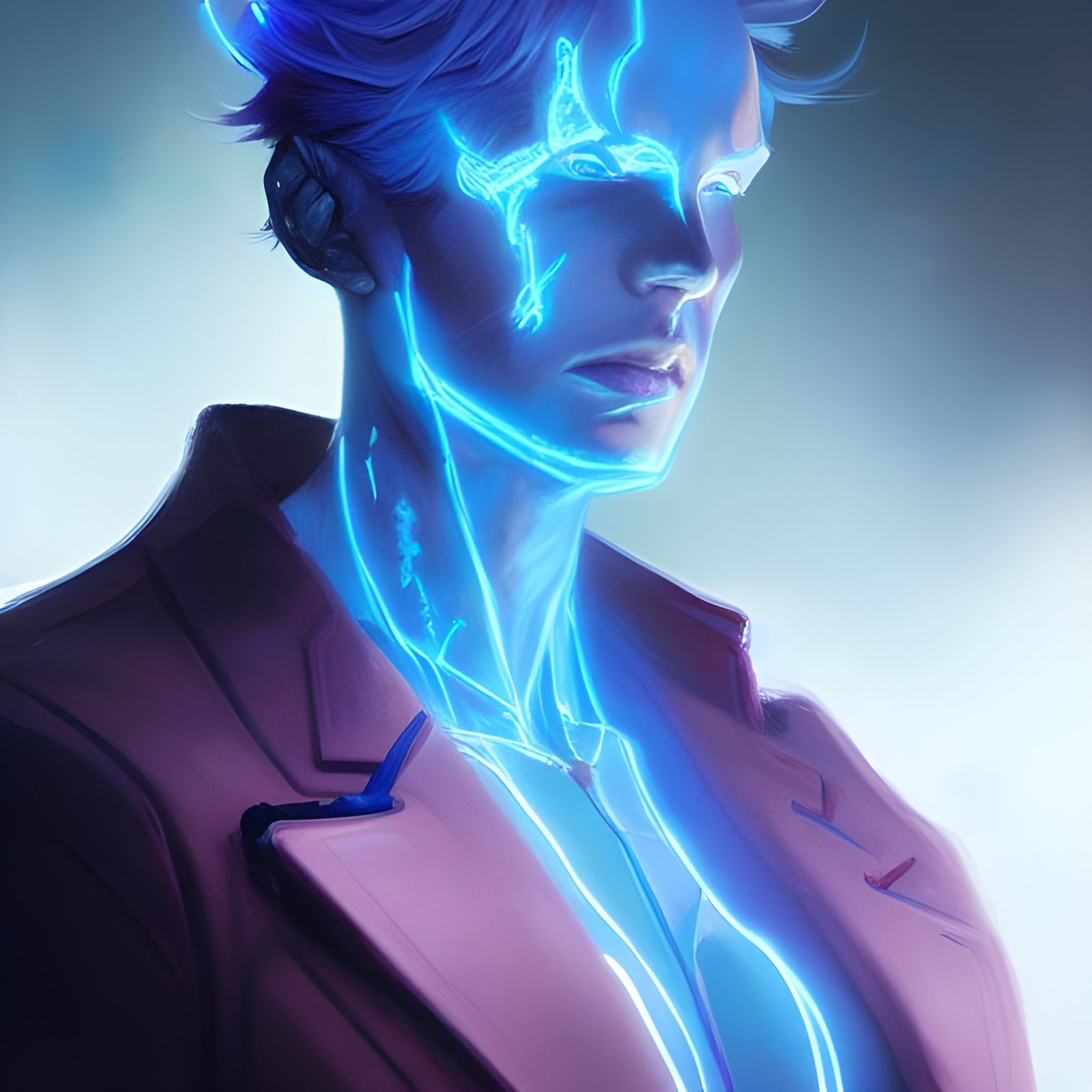 Cybernetic Sorcerer Engulfed in Blue Fire