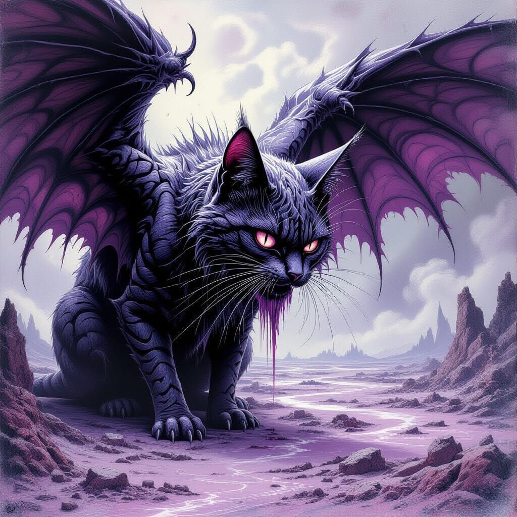 Grotesque Winged Cat in Charcoal With Ominous Details