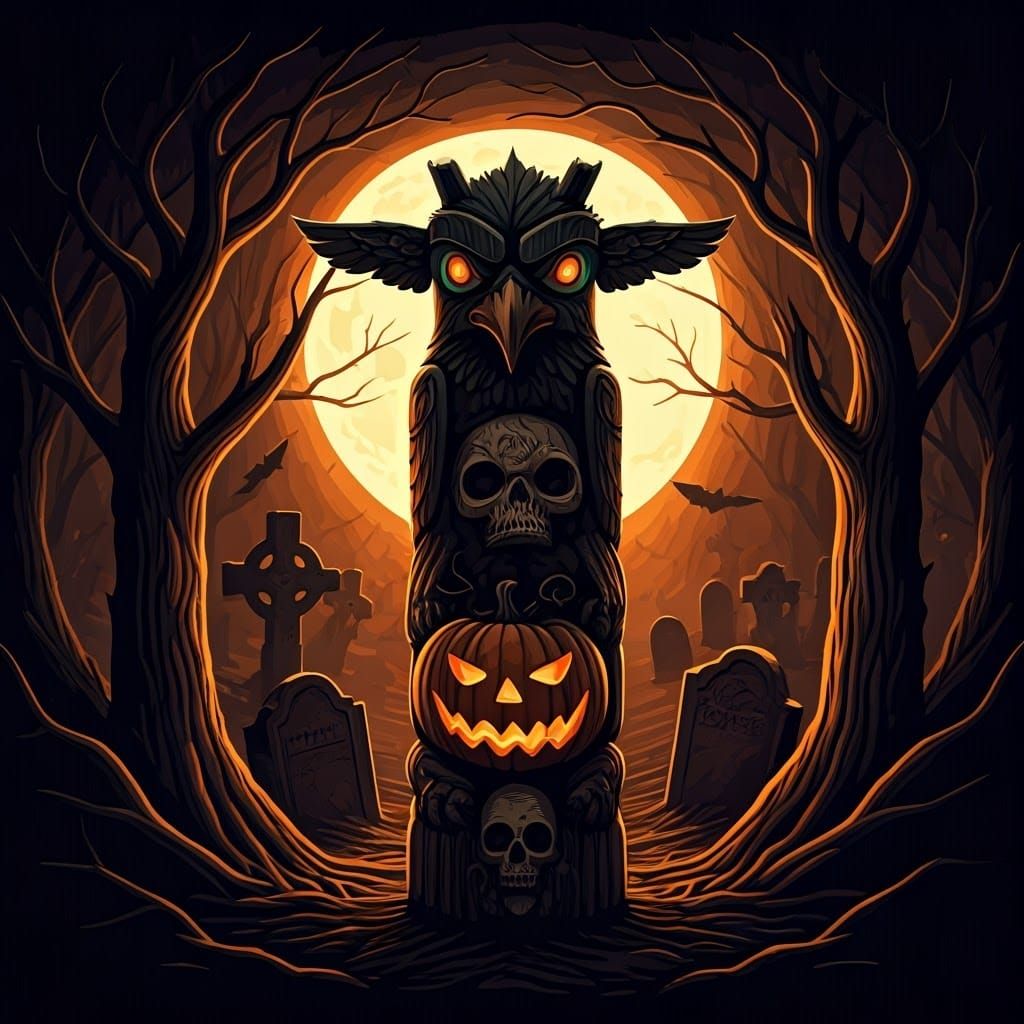 Ominous Halloween Totem Pole in Graveyard