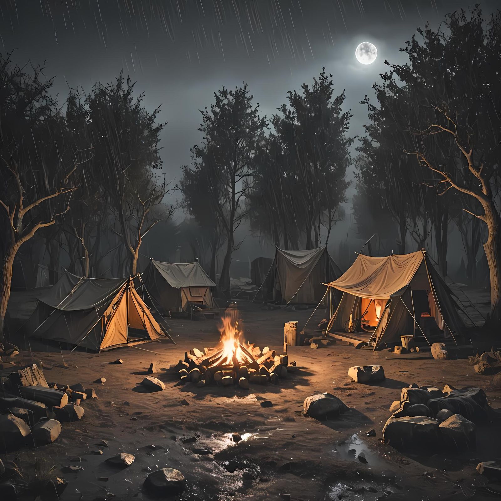 Dark Fantasy Camp Protected During Stormy Night