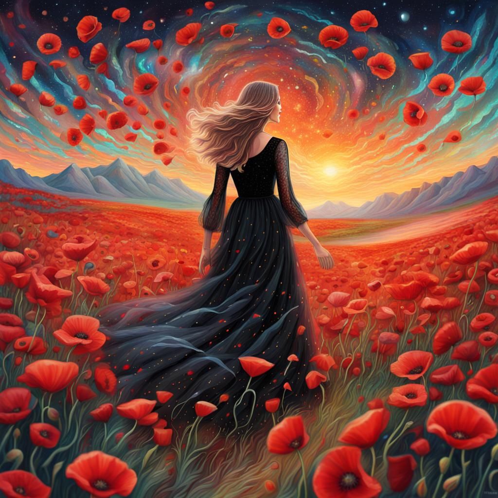 Woman in Black Dress in Poppy Field, Astral Art
