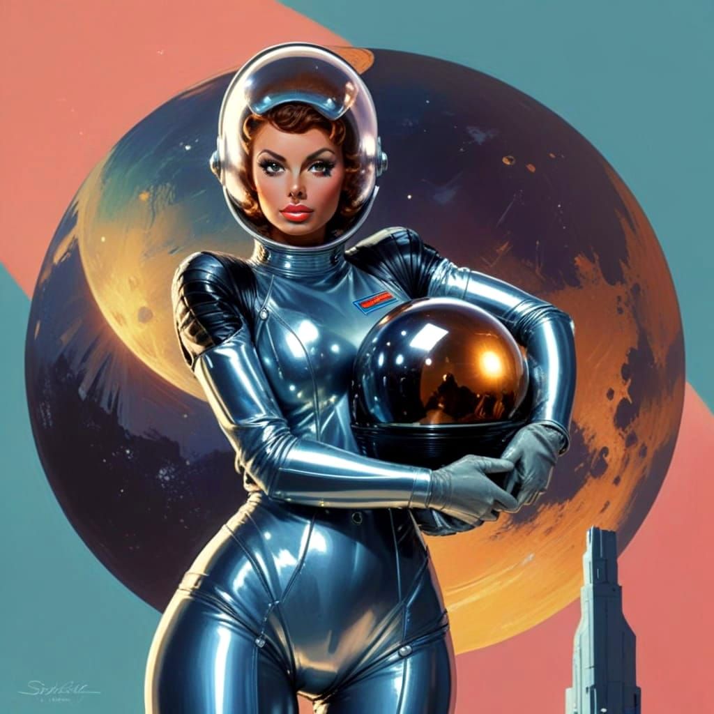 Retro Sci-Fi Goddess in Moonlit Spacesuit