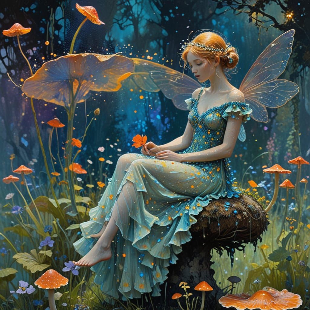 Tiny Fairy Silhouette on Mushroom, Vibrant Colors