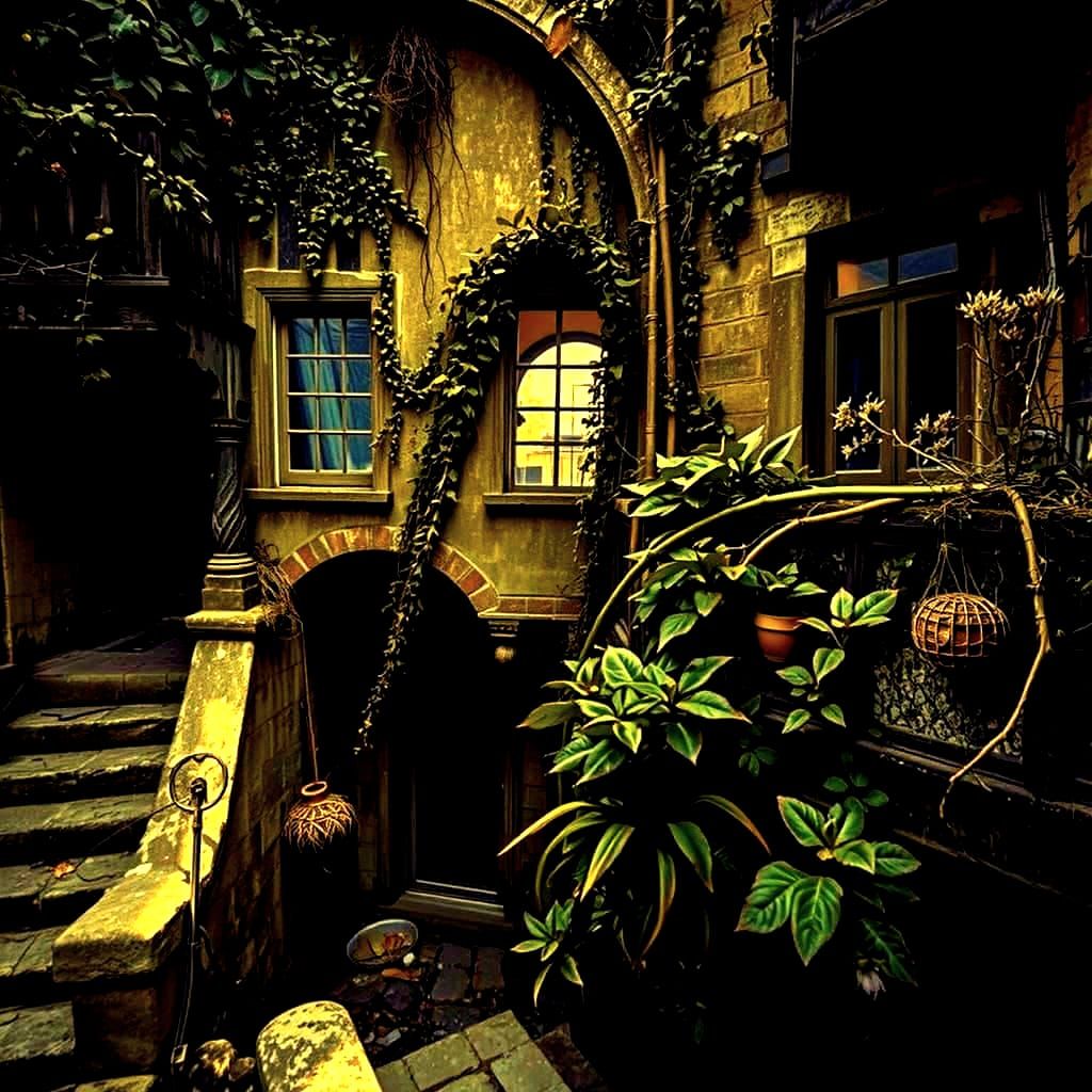 Atmospheric Abandoned City with Vines and Crumbling Structur...