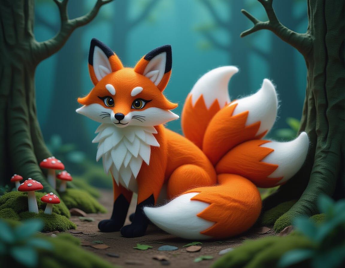 Felted Nine-Tailed Fire Fox in Mystical Forest