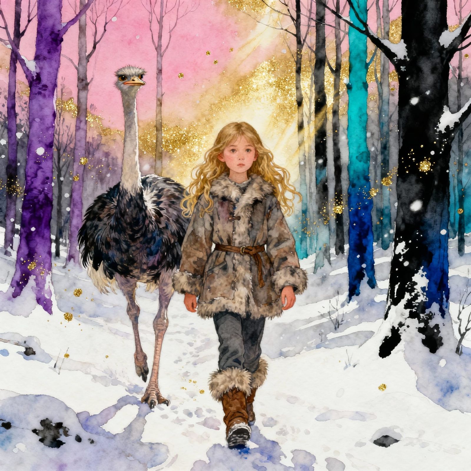 Girl and Ostrich in Magical Winter Forest
