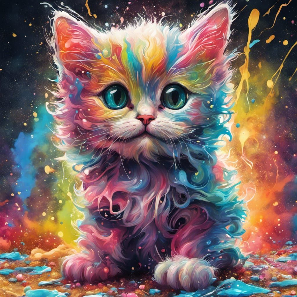 Glittering Kitten in Space Graffiti Art