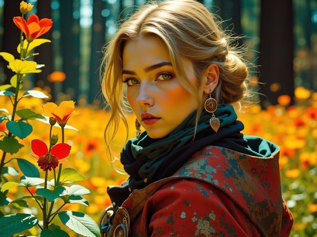 Vibrant Warrior Goddess in Amber Golden Hour Light