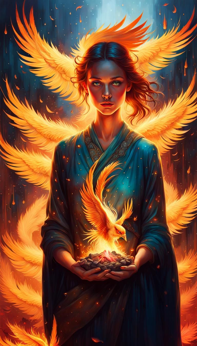 Girl Holding Phoenix Rising From Ashes