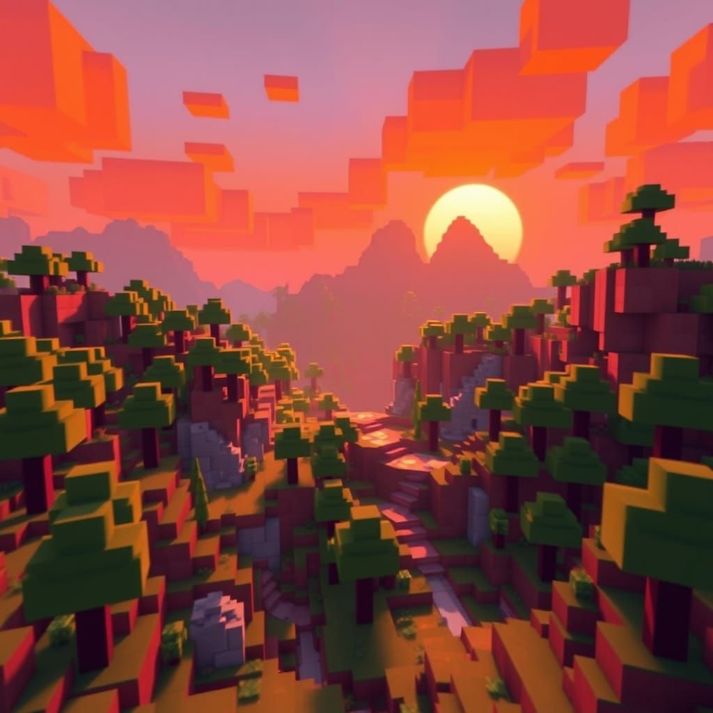 Minecraft Sunset Landscape in Low-Poly Style