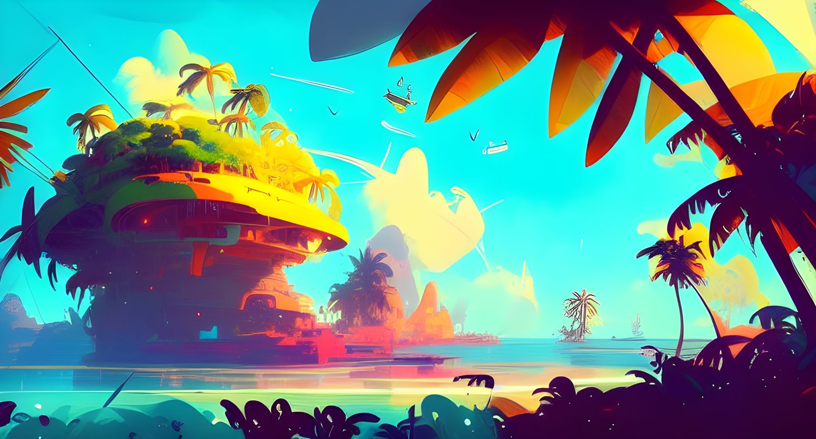 Tropical Pirate Island Gouache Painting Panorama