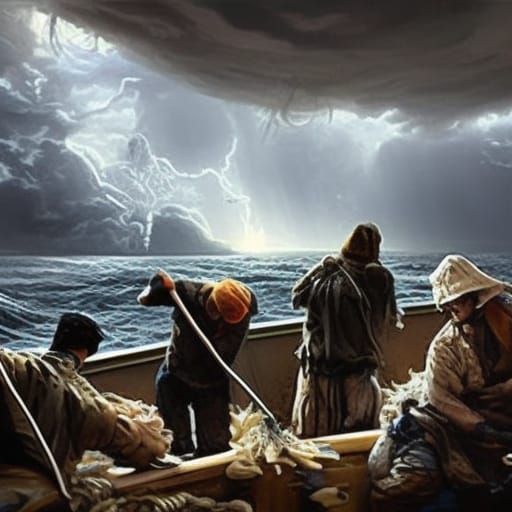 Fishermen Gutting Fish on Trawler in Stormy Seas