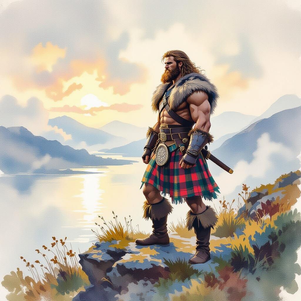 Furry Man on Cliff Overlooking Misty Loch in Watercolor