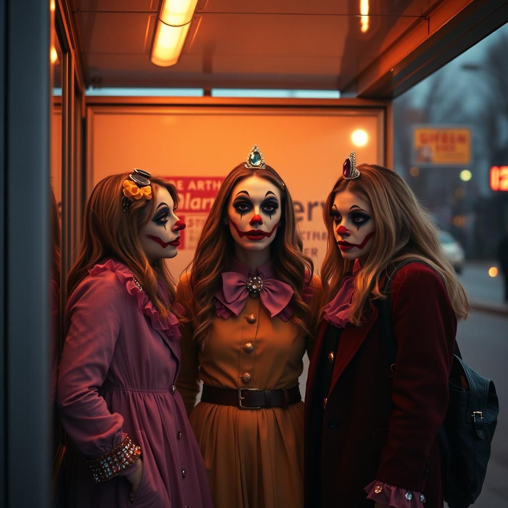 Olsen Sisters in Clown Makeup at Bus Stop