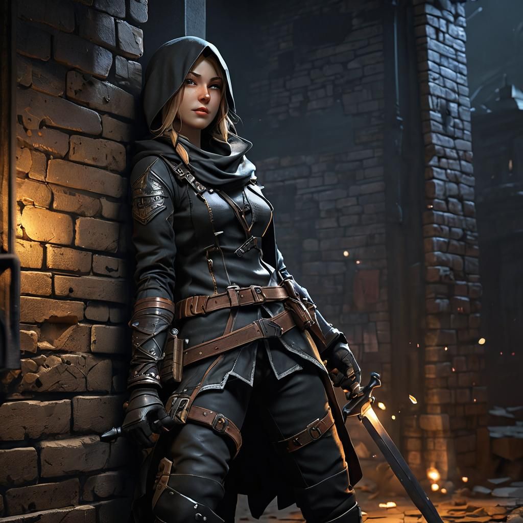 Anime Rogue in Shadows with Daggers, 3D Art