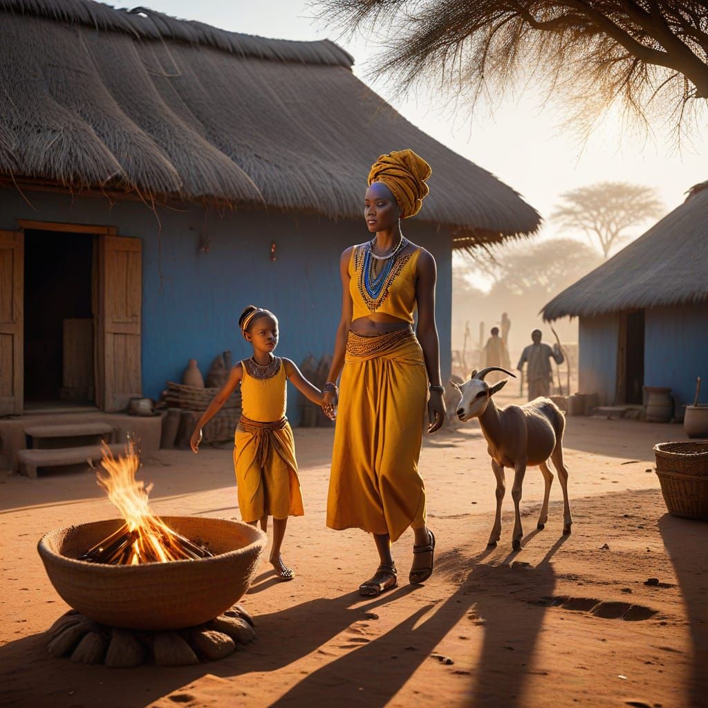 Rural African Family Compound in Warm Golden Light