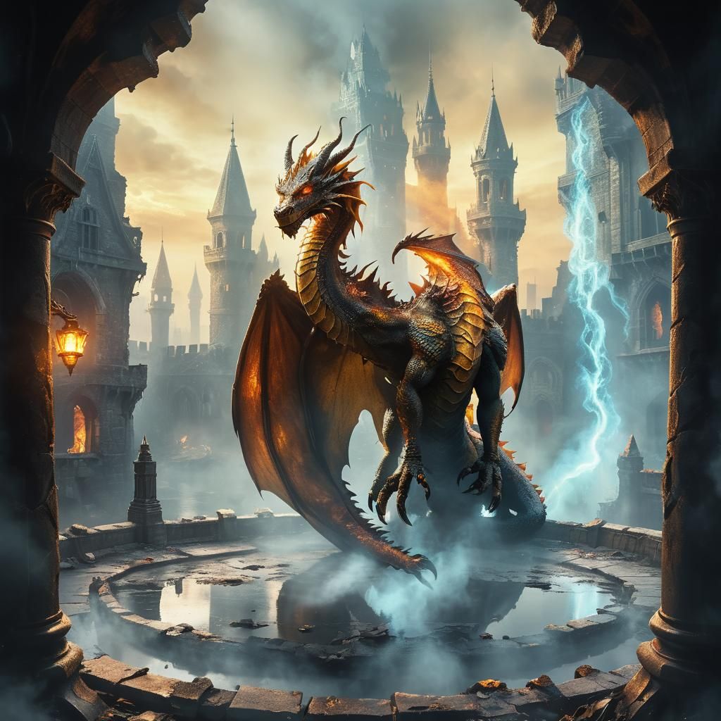 Magnificent Dragon in Ruined Cityscape