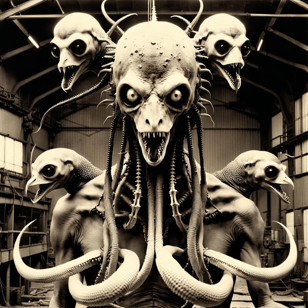 Horrific Biomechanical Abomination in Derelict Factory