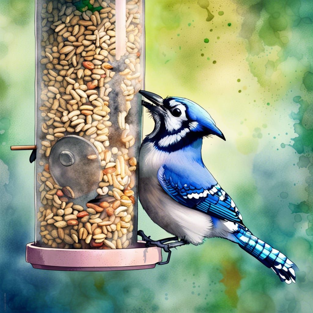 Bluejay Eating Peanut, Watercolor Background
