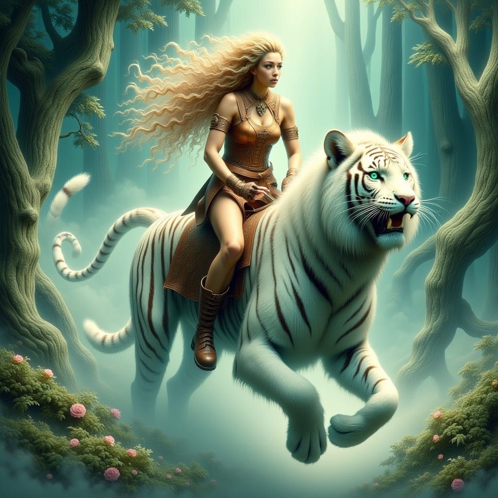 Woman Rides White Tiger in Misty Forest
