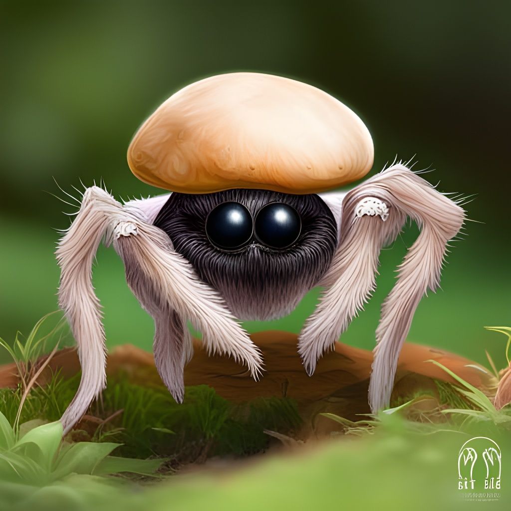 Adorable Spider Hiding Under Mushroom: Hyperrealistic Art