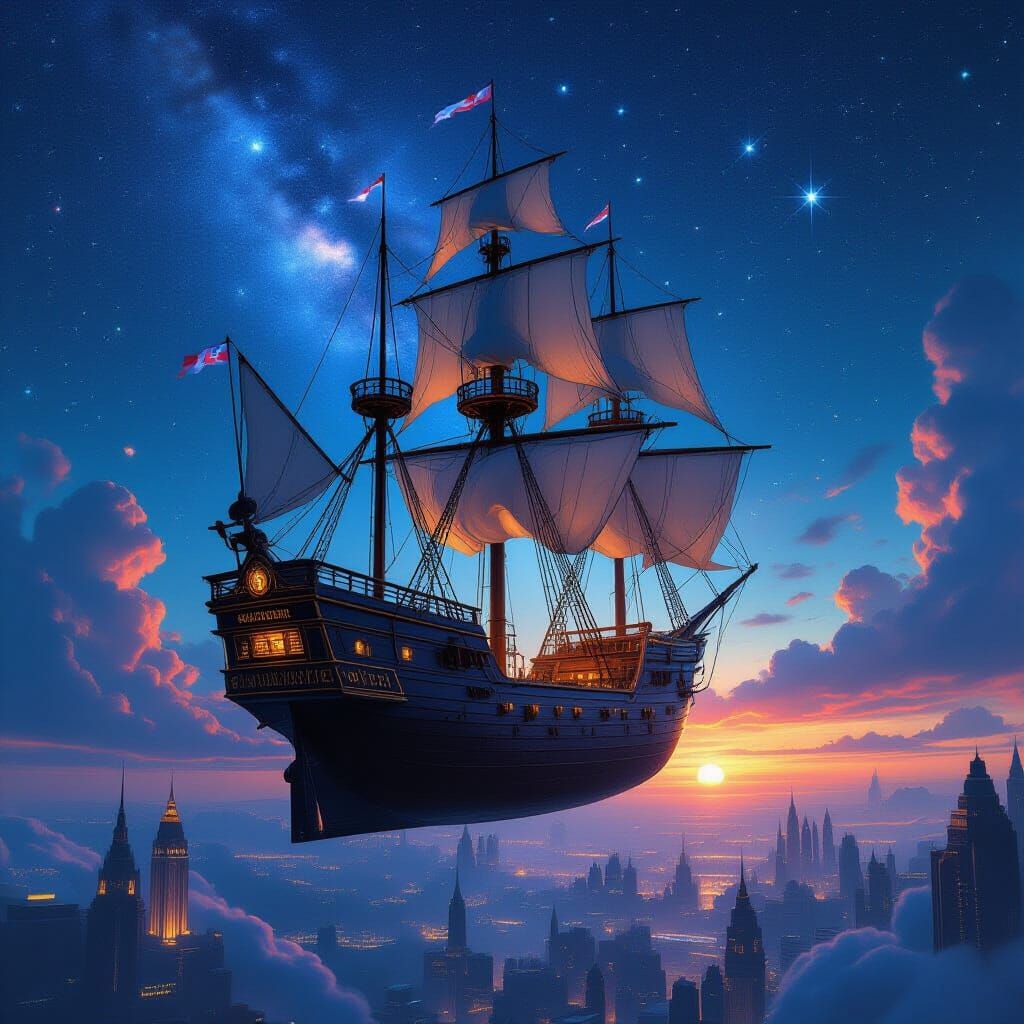 Cyberpunk Art Deco Galleon in Starlit Sky Over City