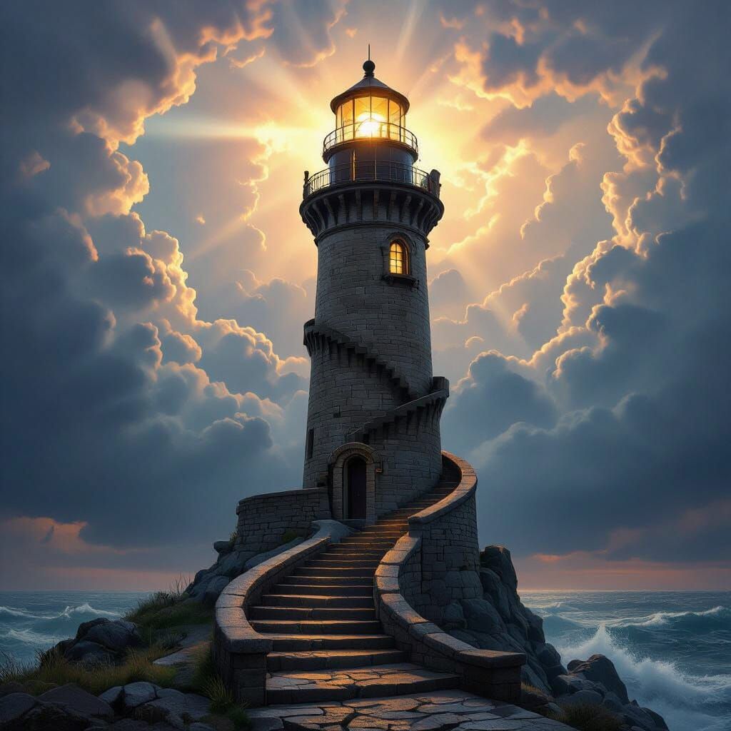 Lighthouse Beacon Shines Through Storm Clouds