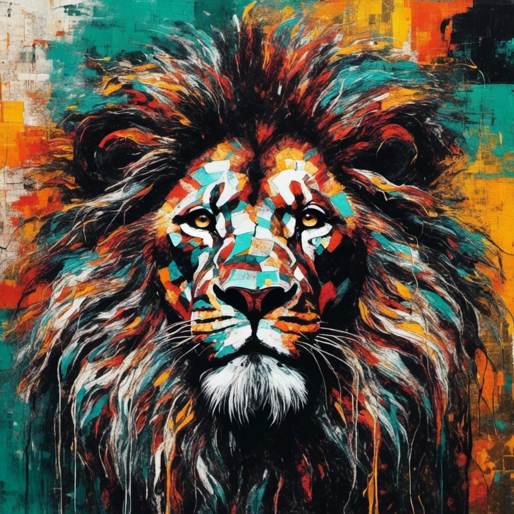 Abstract Lion Portrait with Newspaper Texture