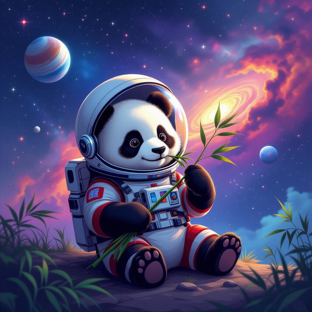 Panda Astronaut Munching Bamboo in Space, Digital Art