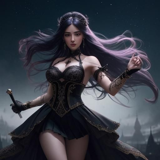 Girl Dancing at Night with Sword in Digital Painting