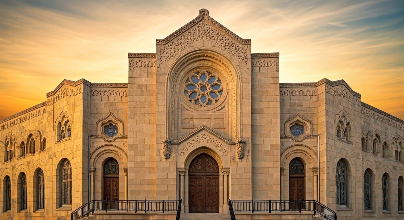Majestic Chabad House Synagogue with the Rebbe in Warm Sunse...
